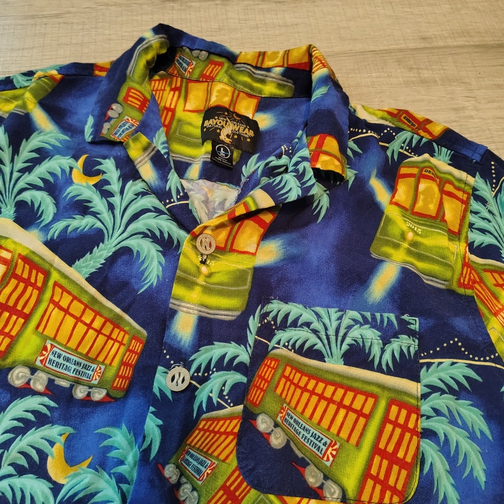 Bayouwear New Orleans Jazz Fest 2015 Streetcar Rayon Shirt Mens Large Blue L